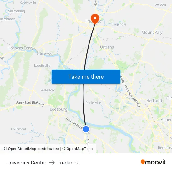 University Center to Frederick map