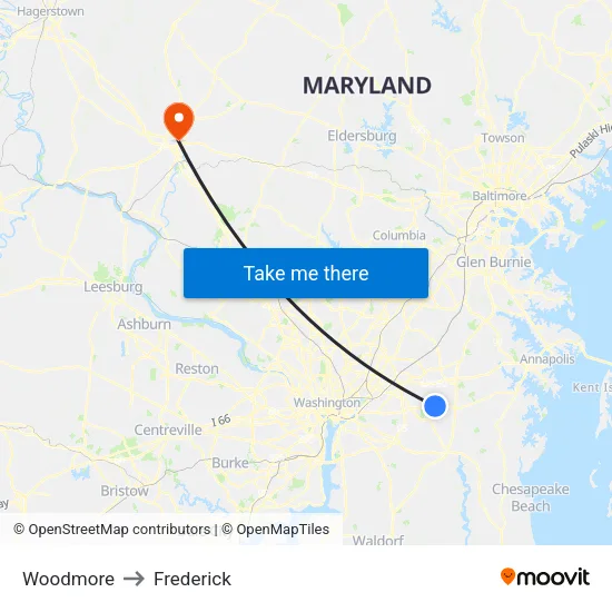 Woodmore to Frederick map