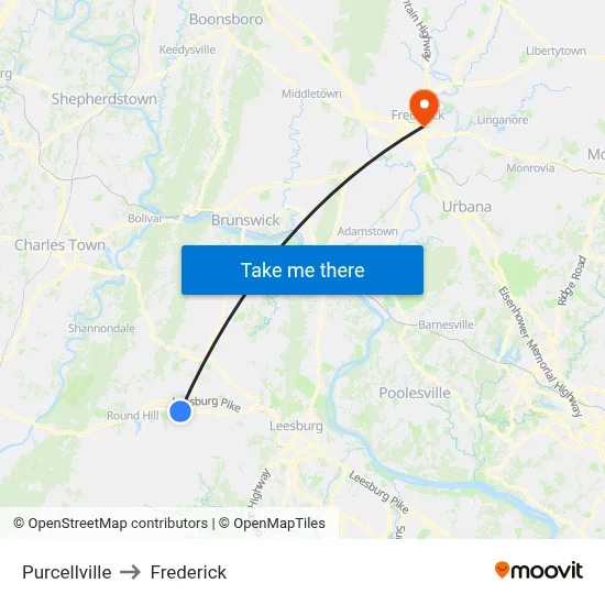 Purcellville to Frederick map