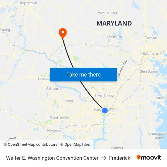 Walter E. Washington Convention Center to Frederick map