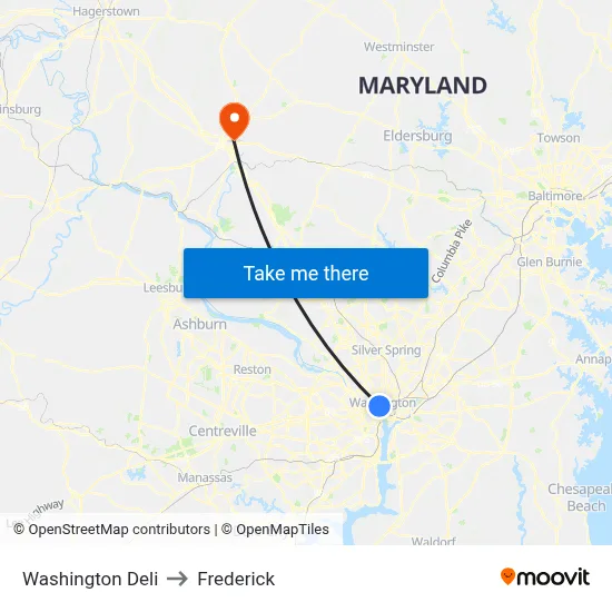 Washington Deli to Frederick map