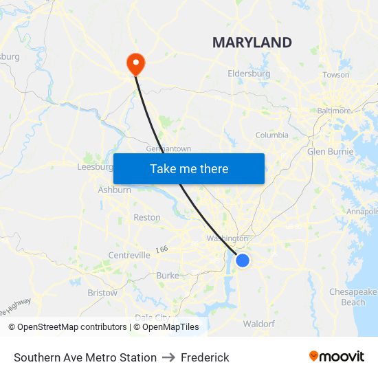 Southern Ave Metro Station to Frederick map