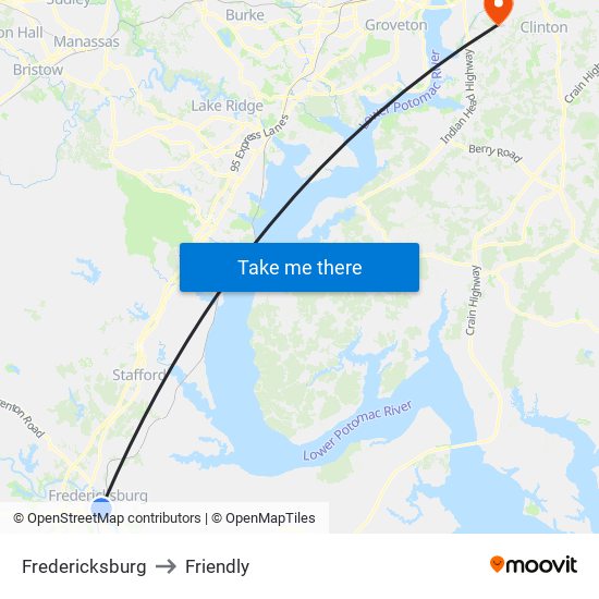 Fredericksburg to Friendly map
