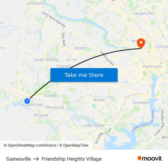 Gainesville to Friendship Heights Village map