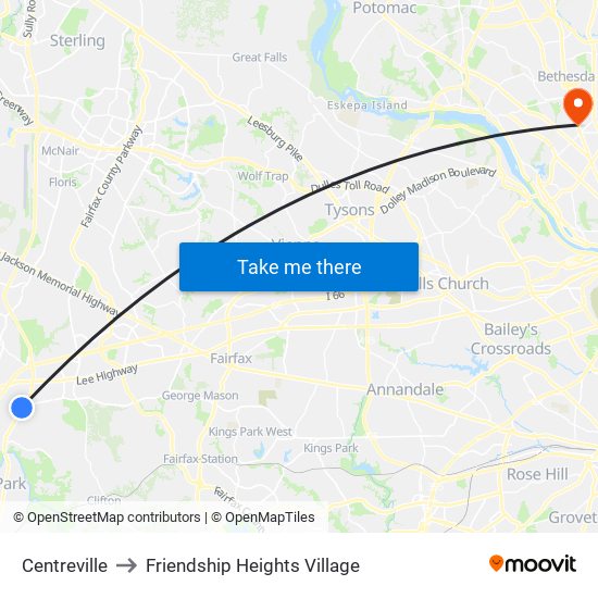 Centreville to Friendship Heights Village map