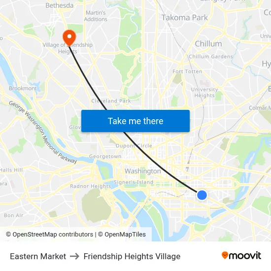 Eastern Market to Friendship Heights Village map