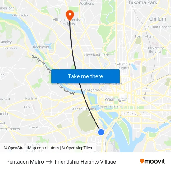 Pentagon Metro to Friendship Heights Village map