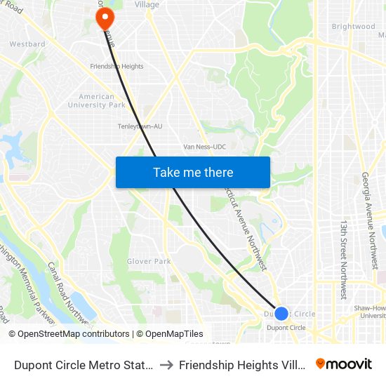 Dupont Circle Metro Station to Friendship Heights Village map