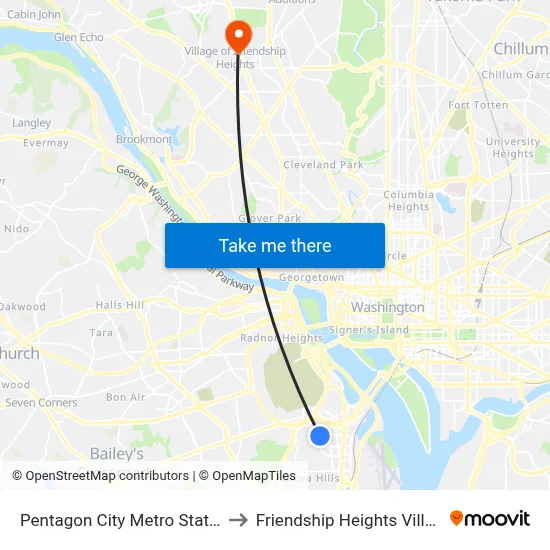 Pentagon City Metro Station to Friendship Heights Village map