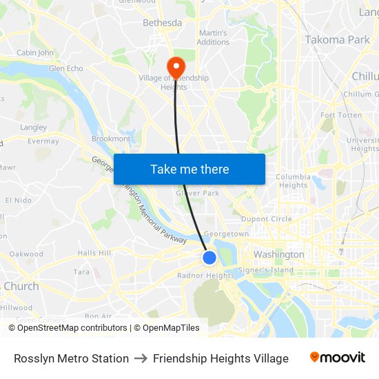 Rosslyn Metro Station to Friendship Heights Village map