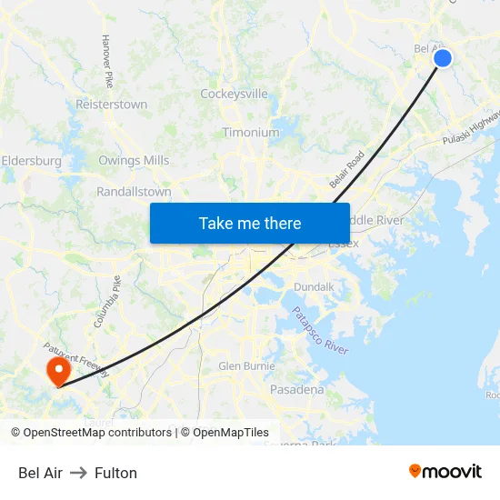 Bel Air to Fulton map