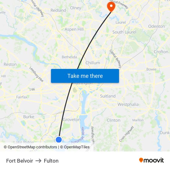 Fort Belvoir to Fulton map