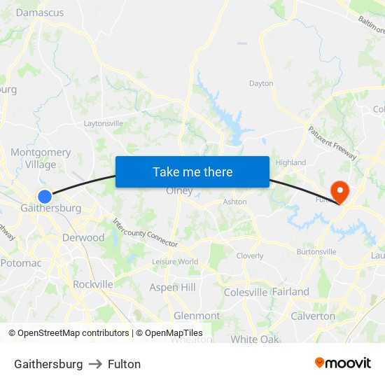 Gaithersburg to Fulton map