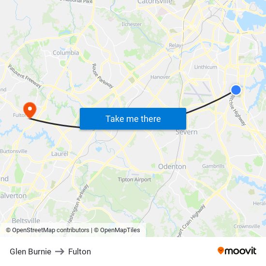 Glen Burnie to Fulton map