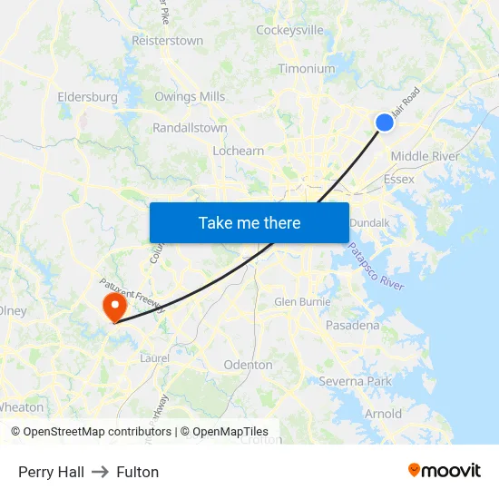 Perry Hall to Fulton map