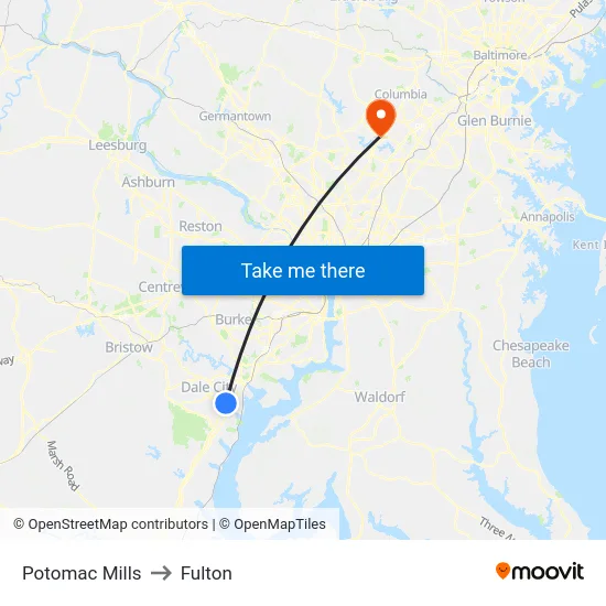 Potomac Mills to Fulton map