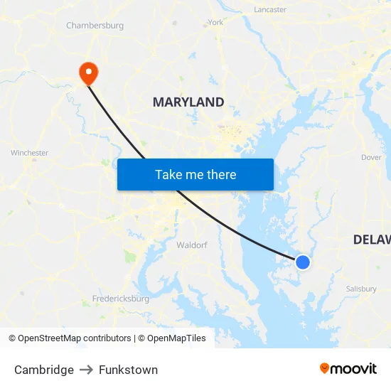 Cambridge to Funkstown map