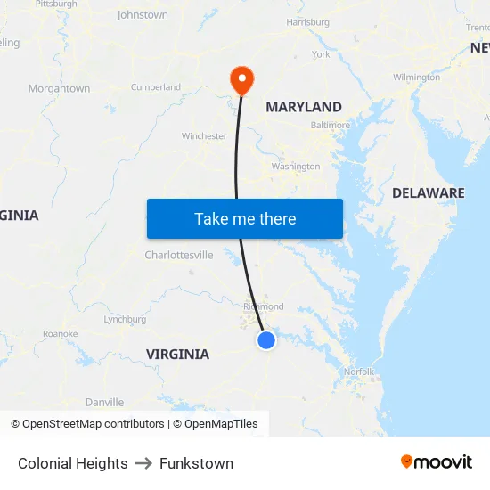Colonial Heights to Funkstown map