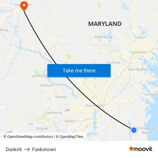 Dunkirk to Funkstown map