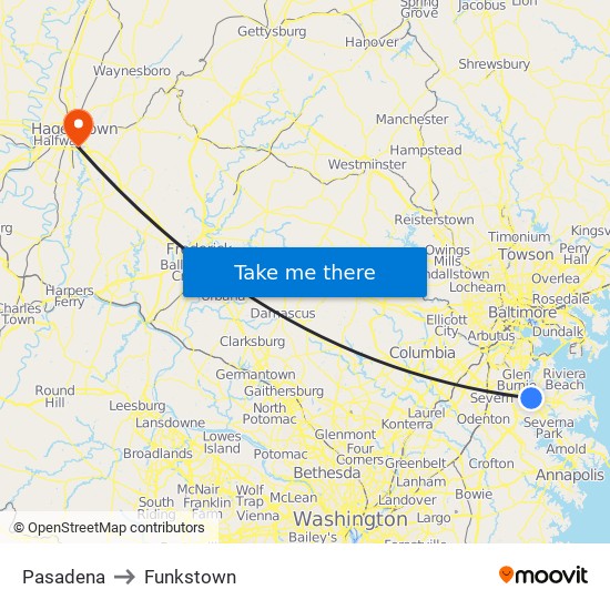 Pasadena to Funkstown map