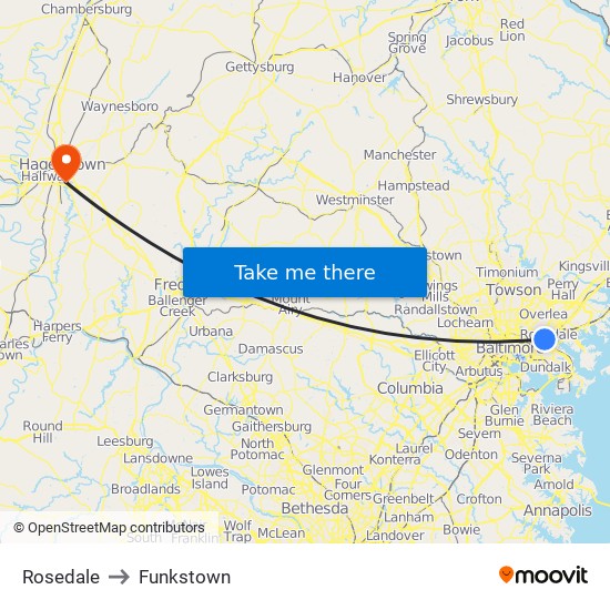 Rosedale to Funkstown map