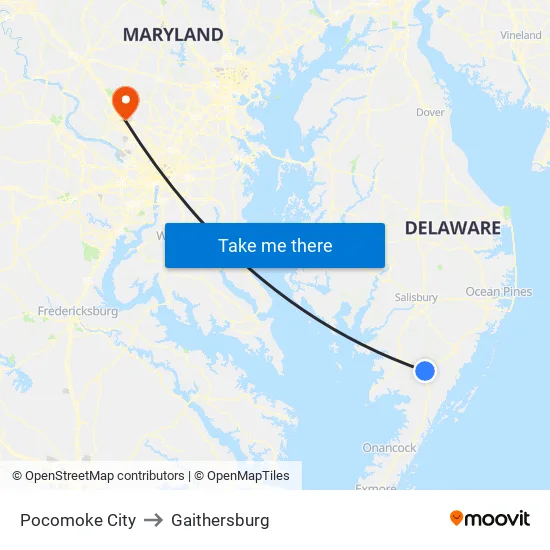 Pocomoke City to Gaithersburg map