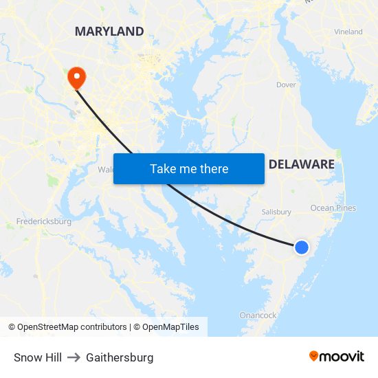 Snow Hill to Gaithersburg map