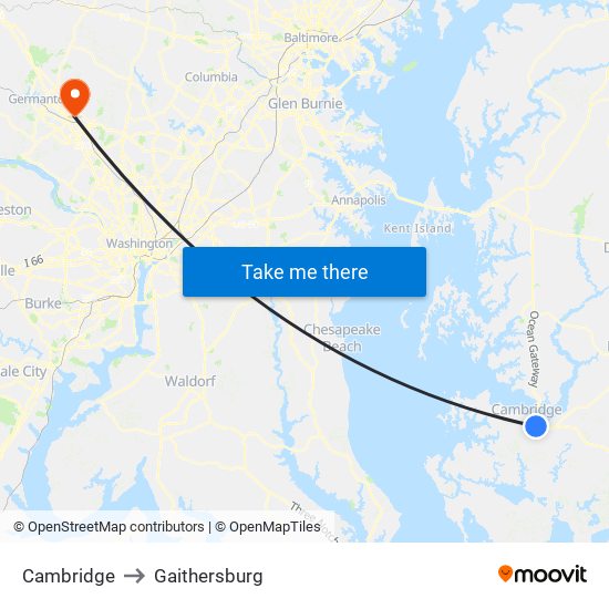 Cambridge to Gaithersburg map