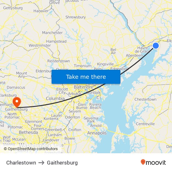 Charlestown to Gaithersburg map