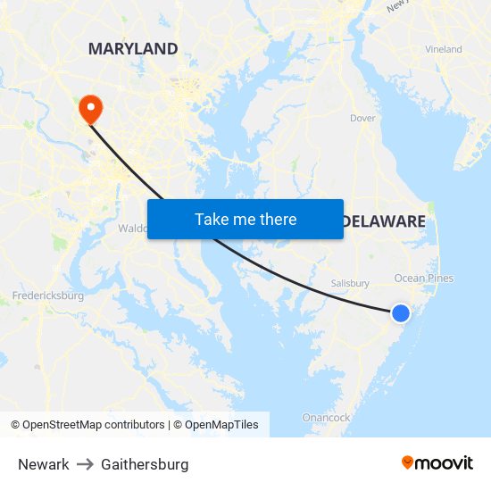 Newark to Gaithersburg map