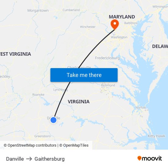 Danville to Gaithersburg map