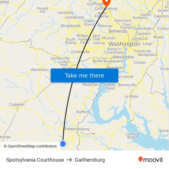 Spotsylvania Courthouse to Gaithersburg map