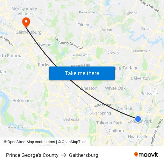 Prince George's County to Gaithersburg map