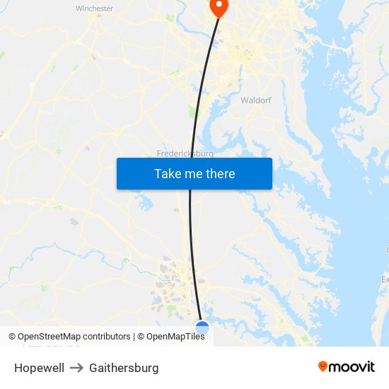 Hopewell to Gaithersburg map