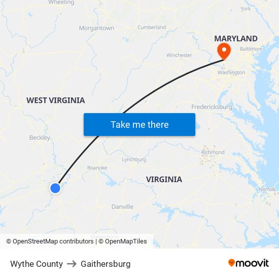 Wythe County to Gaithersburg map