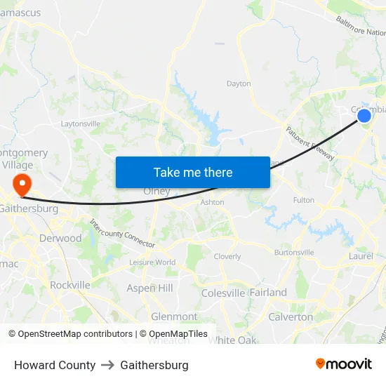 Howard County to Gaithersburg map