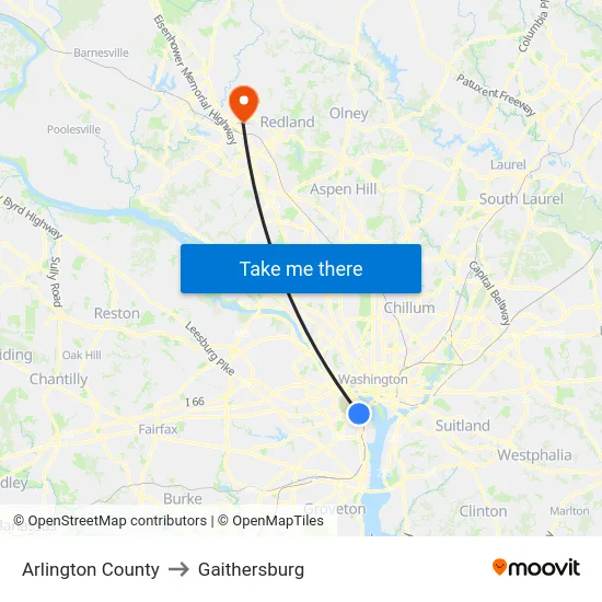 Arlington County to Gaithersburg map