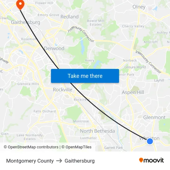 Montgomery County to Gaithersburg map