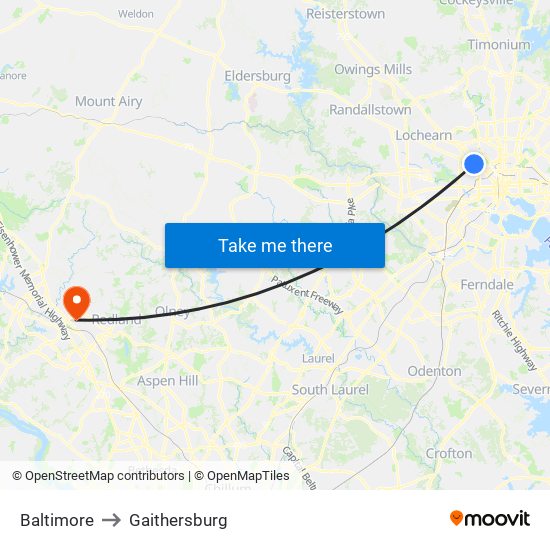 Baltimore to Gaithersburg map