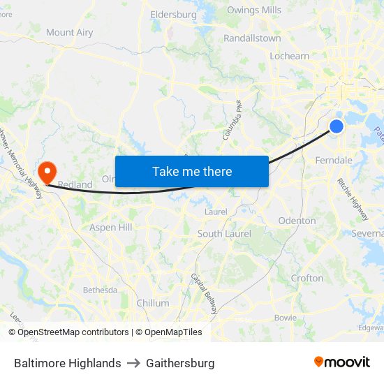 Baltimore Highlands to Gaithersburg map