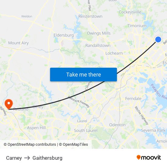 Carney to Gaithersburg map