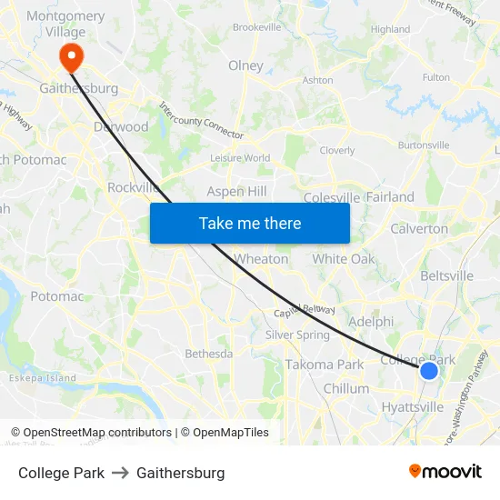 College Park to Gaithersburg map