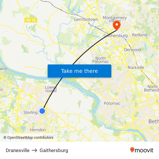 Dranesville to Gaithersburg map