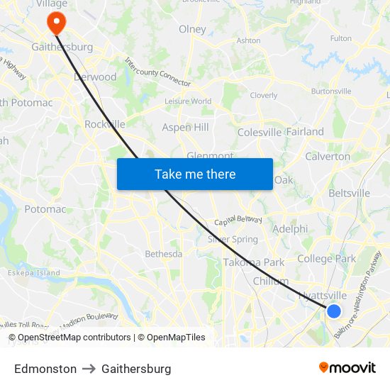 Edmonston to Gaithersburg map