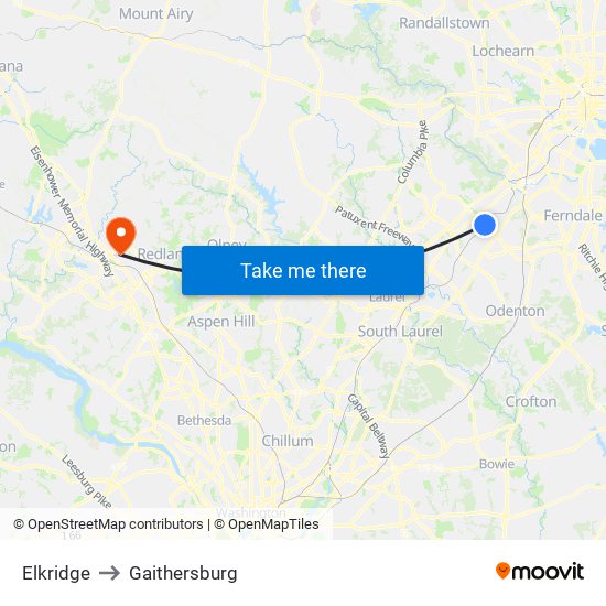 Elkridge to Gaithersburg map