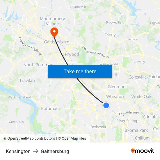 Kensington to Gaithersburg map