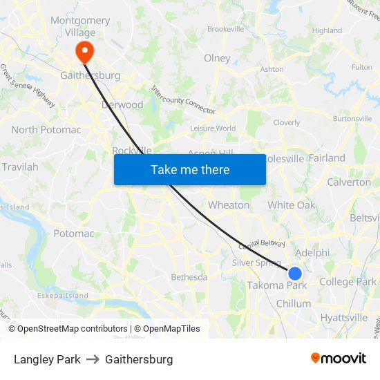 Langley Park to Gaithersburg map