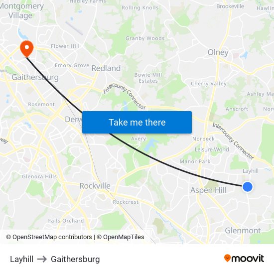 Layhill to Gaithersburg map