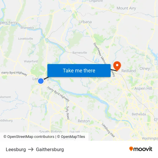 Leesburg to Gaithersburg map
