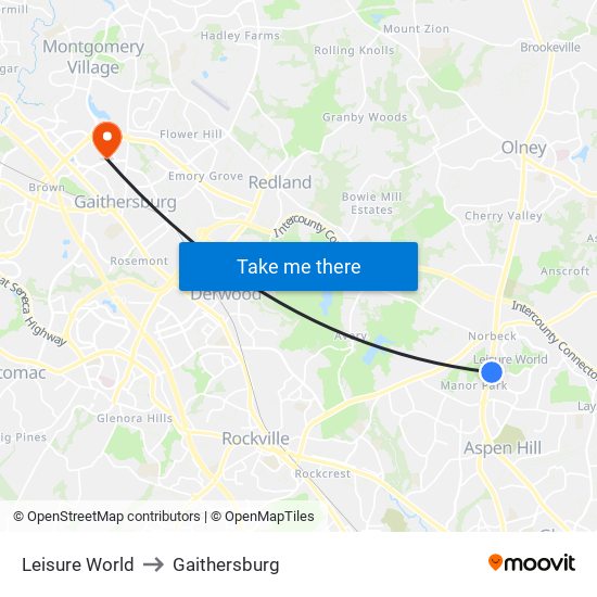 Leisure World to Gaithersburg map